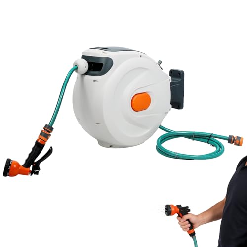 角型 散水ホース 30m 屋外 ホースリール 自動巻取 180度回転 ノズル付き 角型 散水ホース 30m 屋外 ホースリール 自動巻取 180度回転 ノズル付き